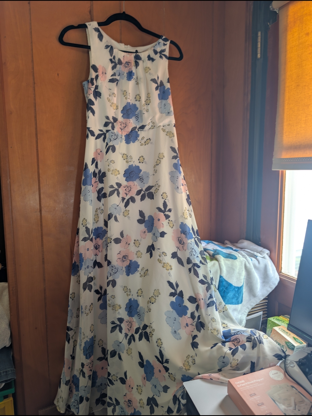 R&K White Maxi Dress with Blue and Pink Floral Print